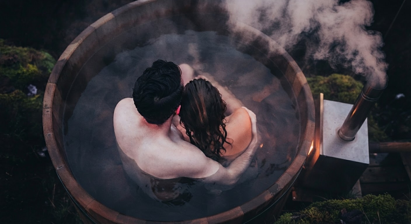 Jacuzzi tradicional de madera con amigos disfrutando de noche